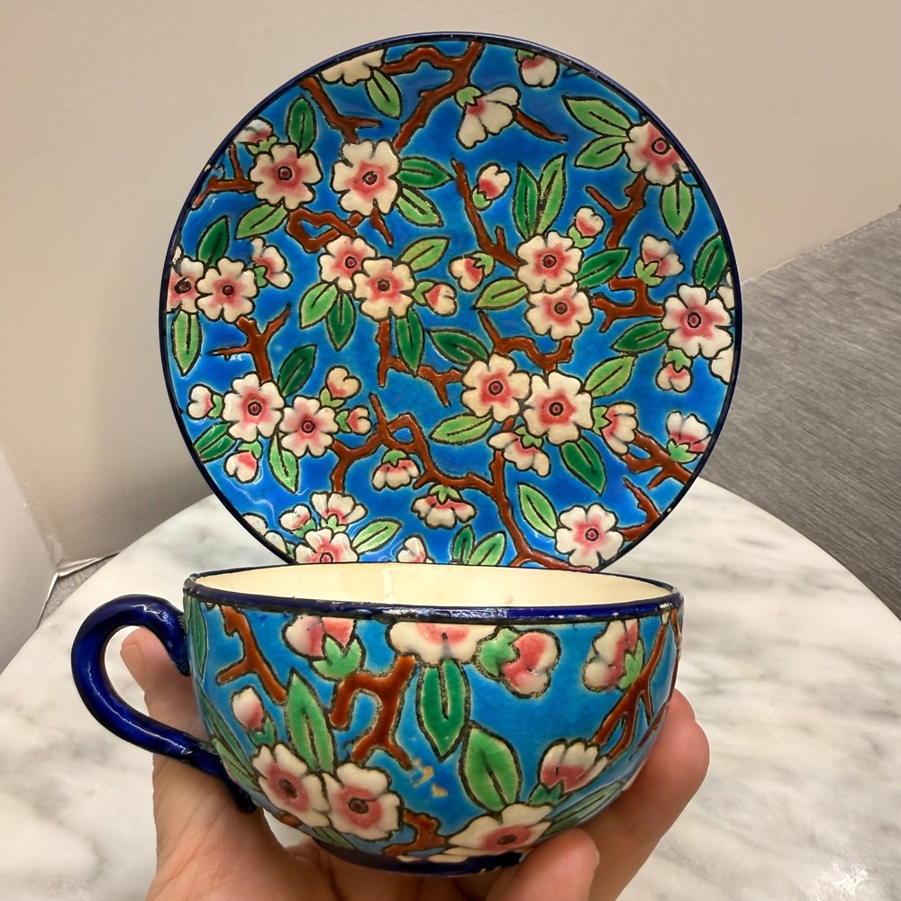 VTG Longwy France Enamel Tea Cup Saucer Set Apple Blossom Cerulean Art drco